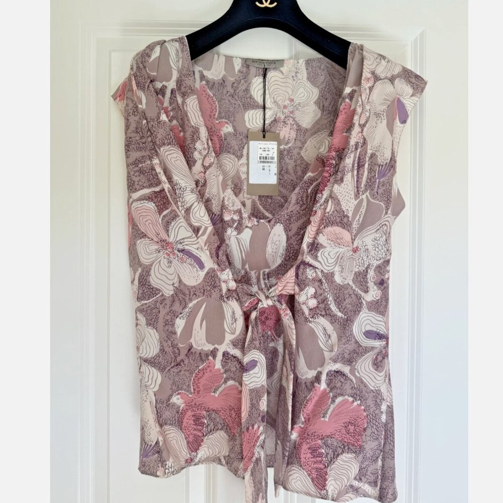 Bottega Veneta Silk Blouse Pink Floral Bird Sleeveless Size 40 Small-Medium